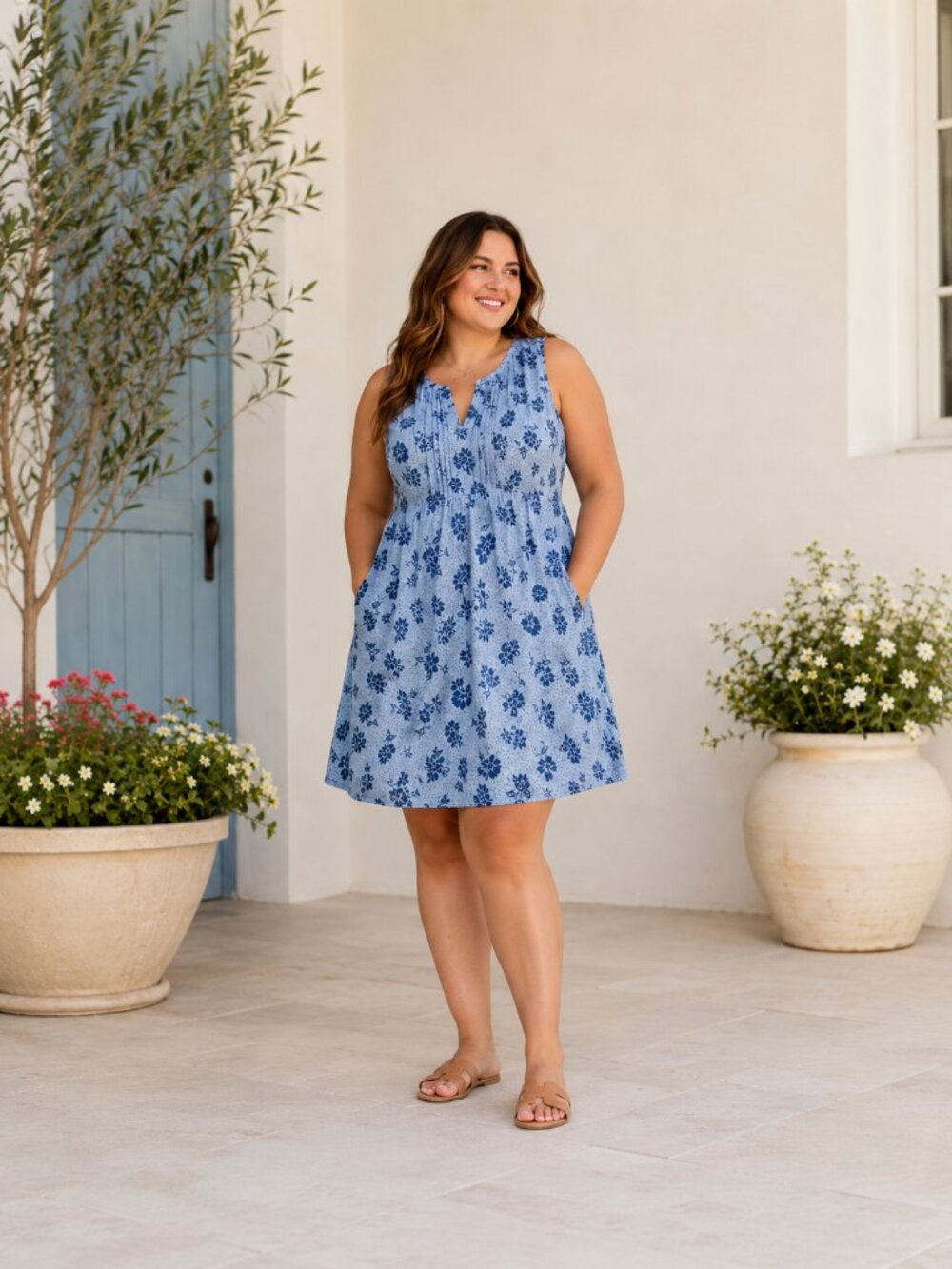 Sonoma Blue Floral Linen Blend Fit & Flare Mini Dress 2X Plus Pockets